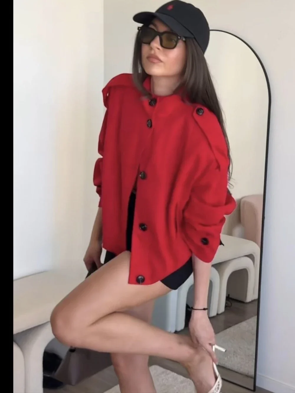 ZARA HIGH NECK LINEN BLEND JACKET RED Size S